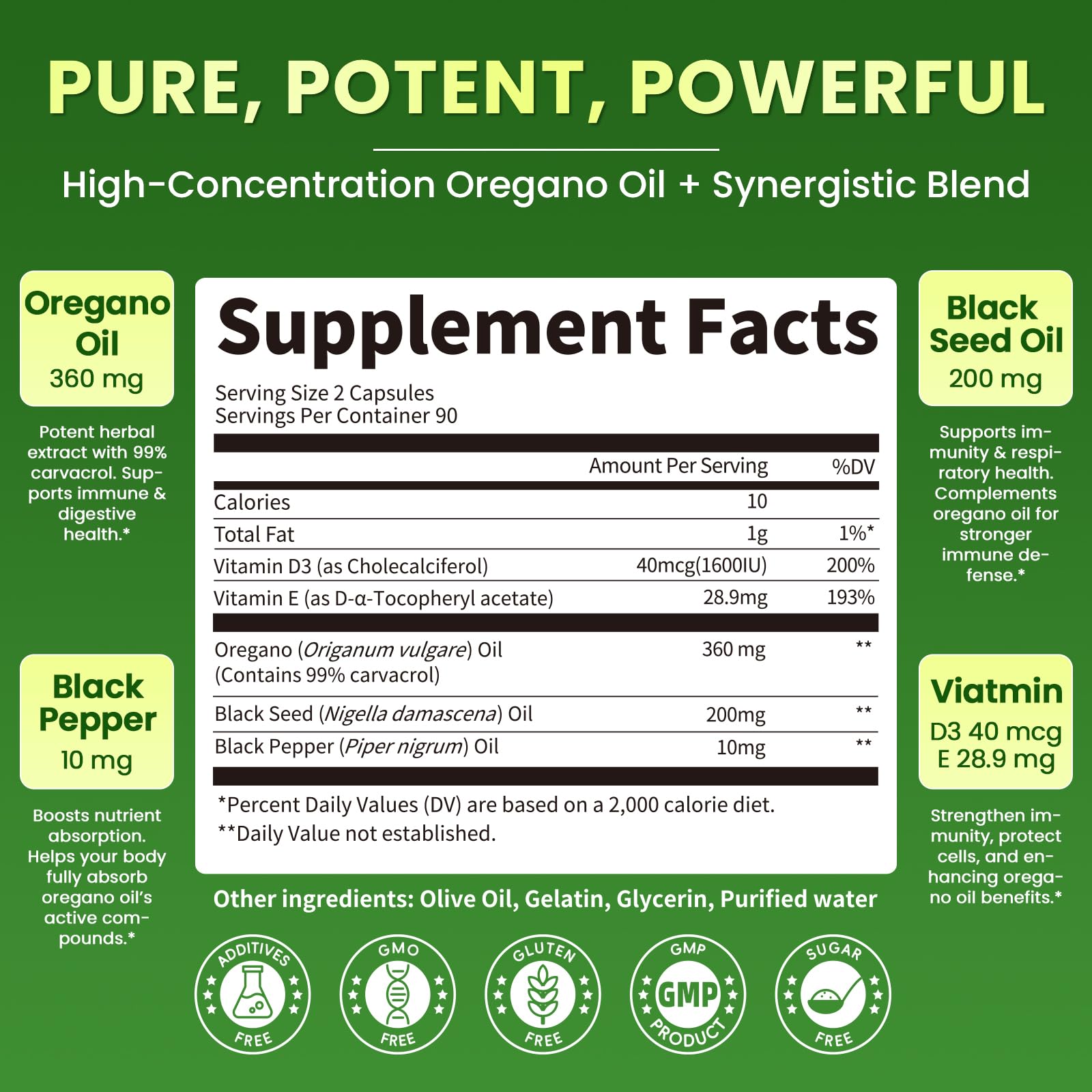 Organic Oregano Oil Capsules + Black Seed Oil | 99% Carvacrol, 180 Softgels