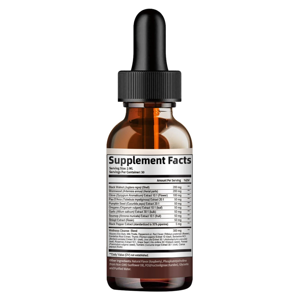 Black Walnut Wormwood Clove Cleanse Drops - 23-in-1 Gut Health Support (Raspberry, 2 oz)
