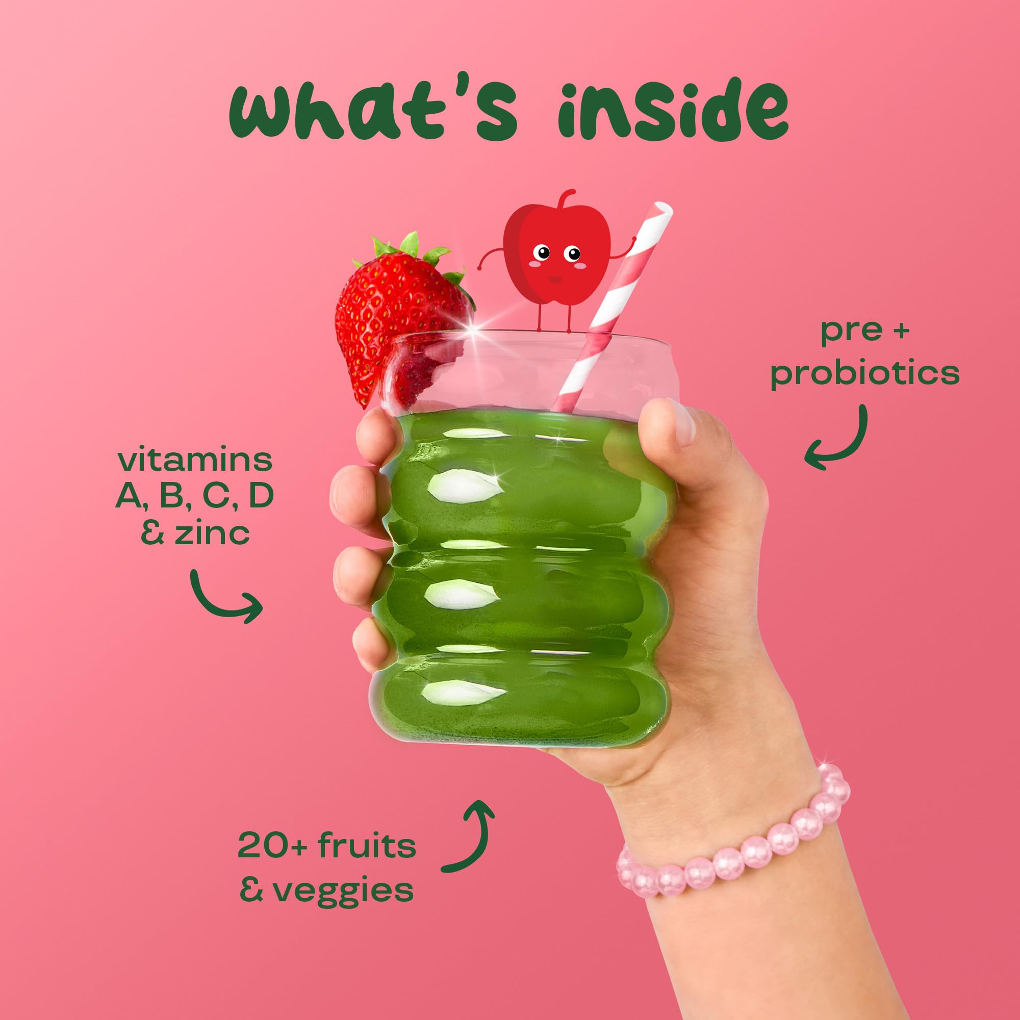 Bloom Nutrition Kids Greens Powder with Probiotics & Digestive Enzymes — Strawberry Apple