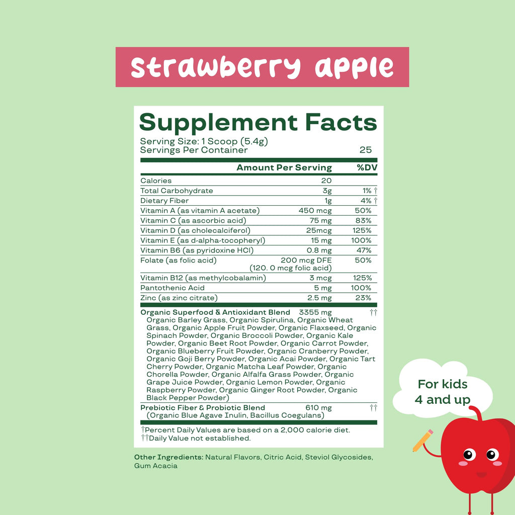Bloom Nutrition Kids Greens Powder with Probiotics & Digestive Enzymes — Strawberry Apple
