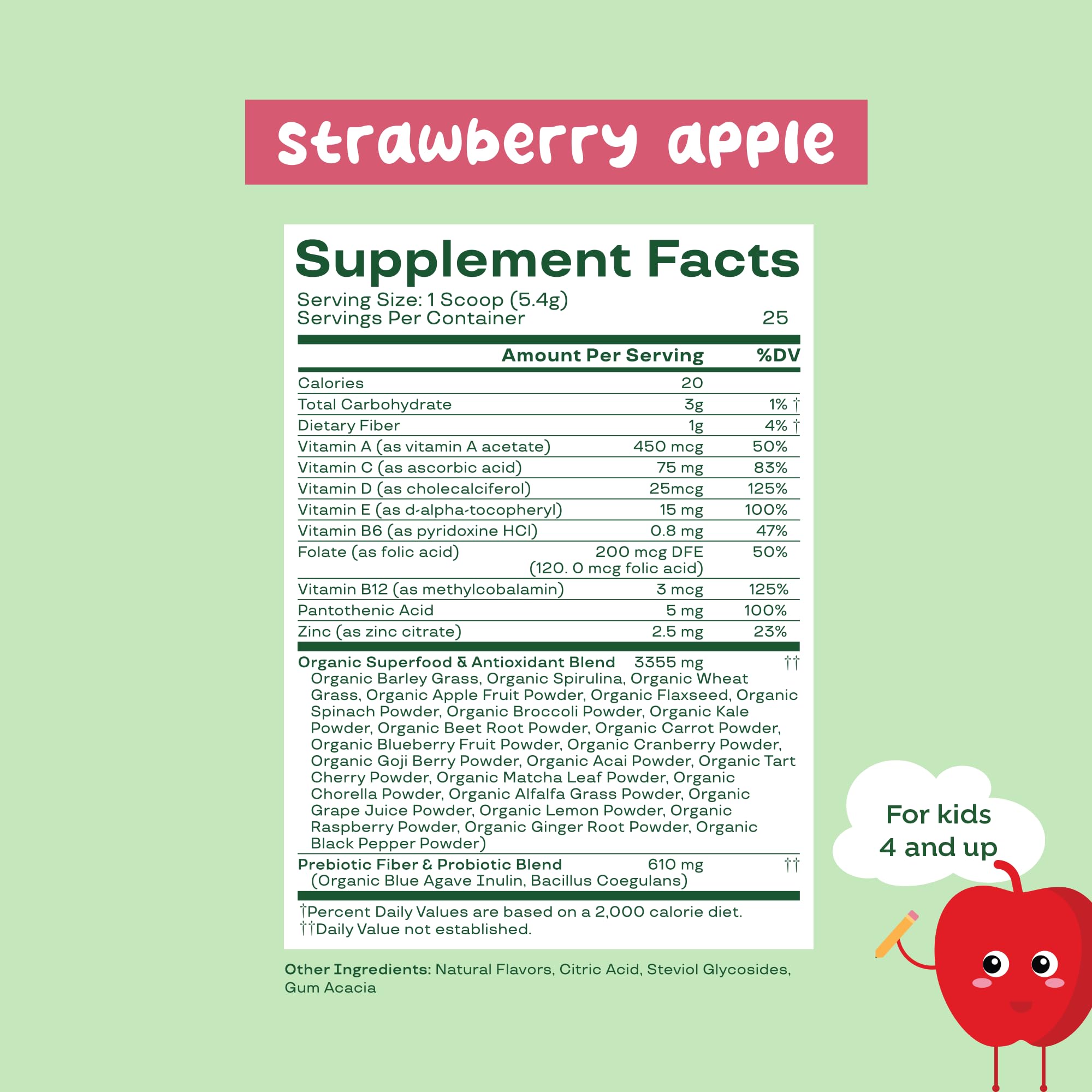 Bloom Nutrition Kids Greens Powder with Probiotics & Digestive Enzymes — Strawberry Apple
