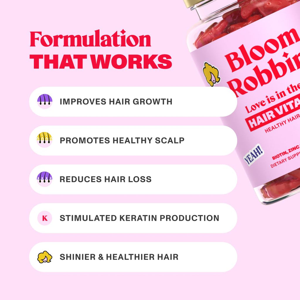 Bloom Robbins 60 Hair Gummies – Faster Hair Growth Vitamins for Women, 5000 mcg Biotin