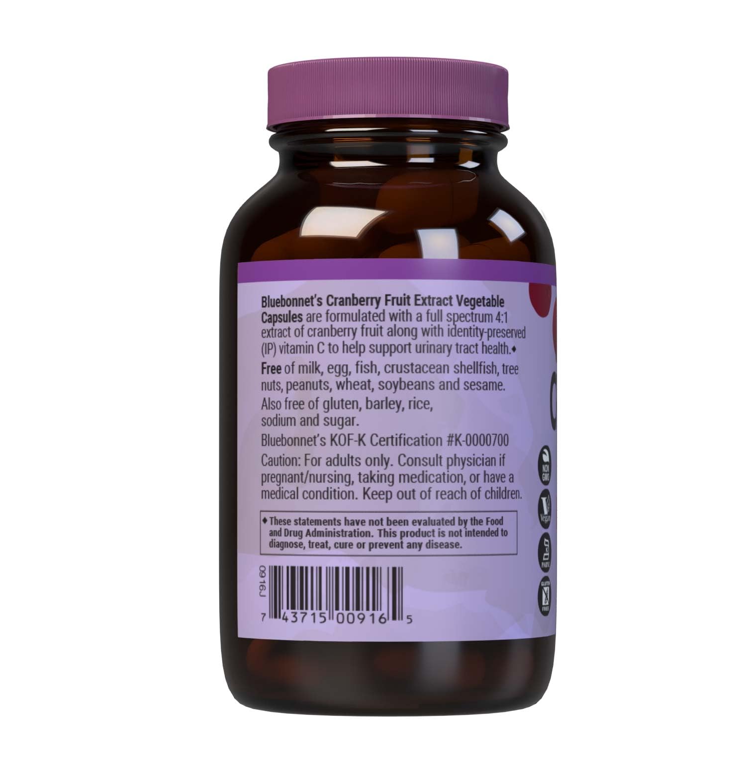 Bluebonnet Nutrition Cranberry Fruit Extract, Urinary Tract Support*, Non-GMO, Kosher-Certified, Vegan, Gluten-Free, Soy-Free, Dairy-Free, 60 Vegetable Capsules, 60 Servings