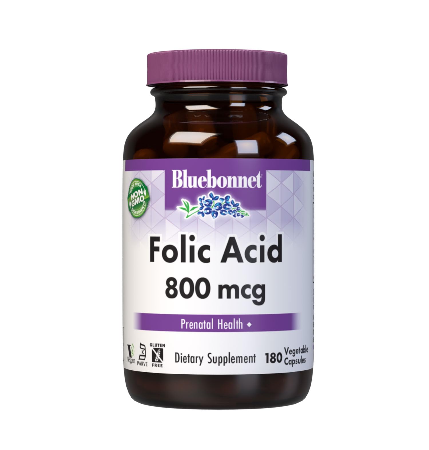 BlueBonnet Folic Acid 800mcg - 180 Veg Capsules (Non-GMO, Vegan, Kosher)