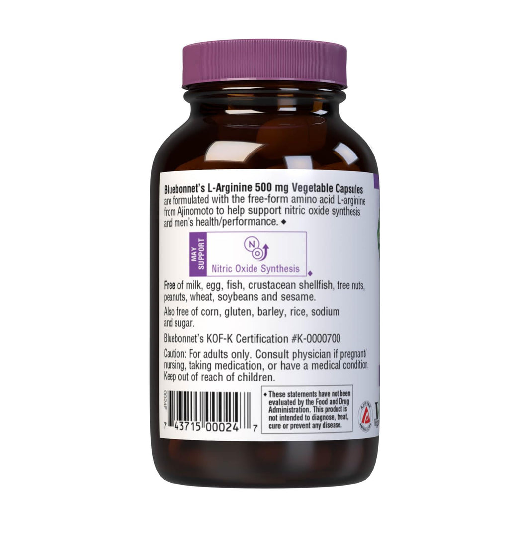 Bluebonnet Nutrition L-Arginine 500 mg – Free-Form Amino Acid, Nitric Oxide Precursor, 50 Veg Capsules