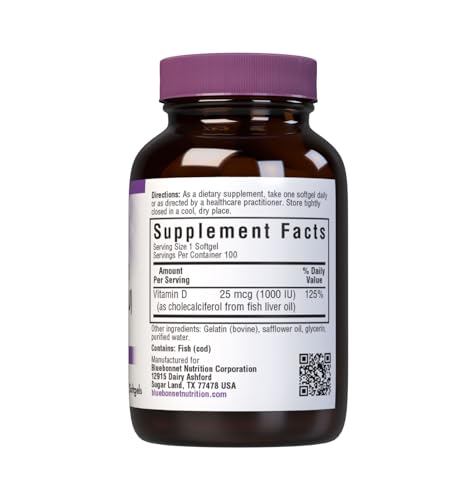 Bluebonnet Nutrition Vitamin D3 1000 IU Softgels – Supports Strong Bones & Immune Function | Non-GMO, Gluten Free, Soy Free, Dairy Free