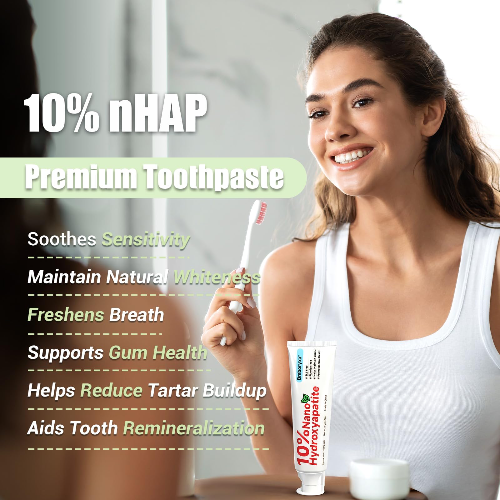 Bmboryxa 10% Nano Hydroxyapatite Toothpaste – SLS & Fluoride Free (Mint, 4.23oz)