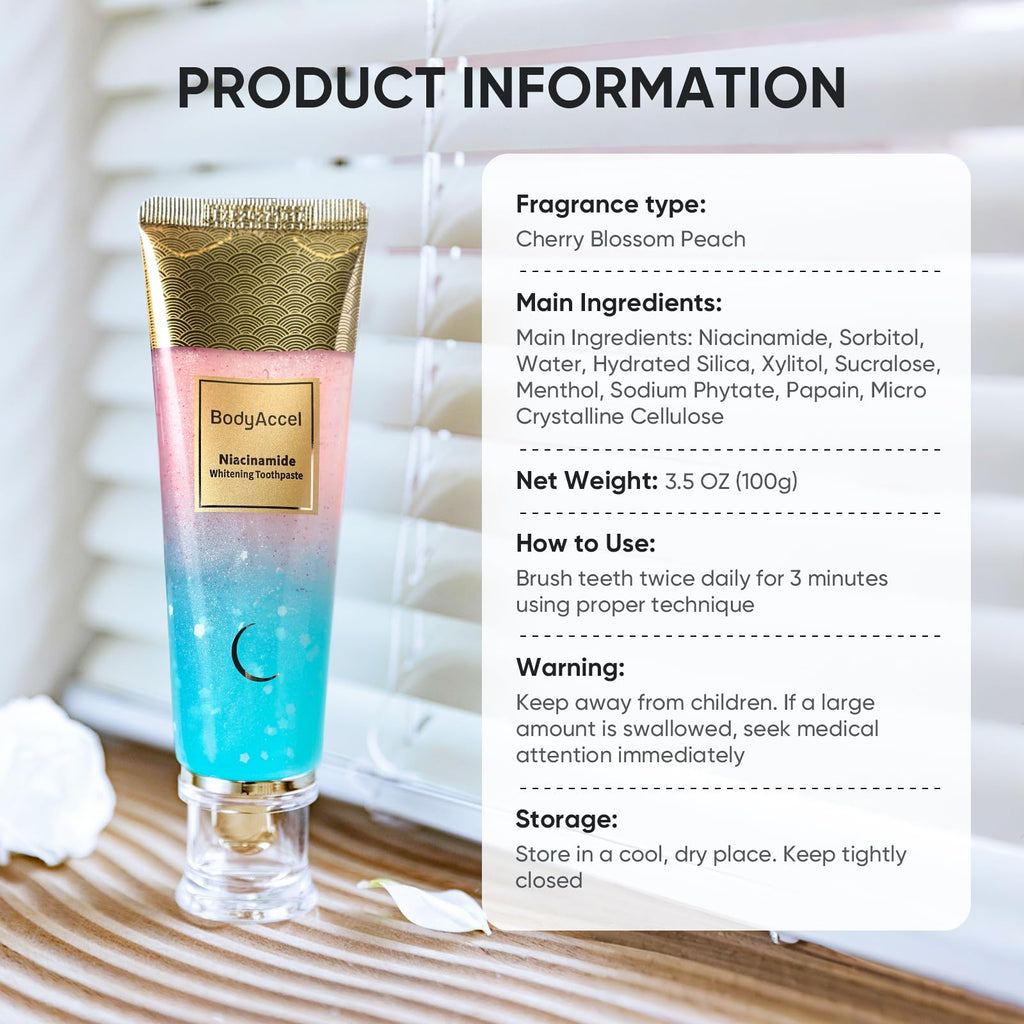 BodyAccel Niacinamide Whitening Toothpaste – Gentle Deep Stain Removal, Peach Flavor