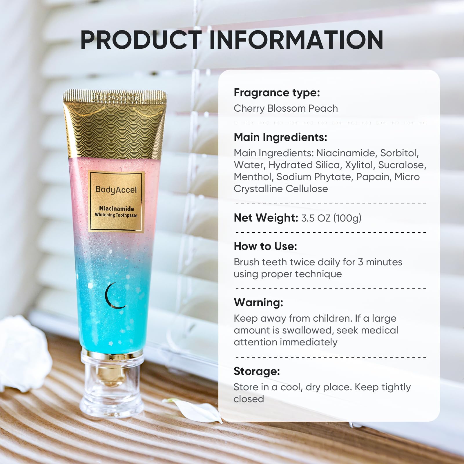 BodyAccel Niacinamide Whitening Toothpaste – Gentle Deep Stain Removal, Peach Flavor