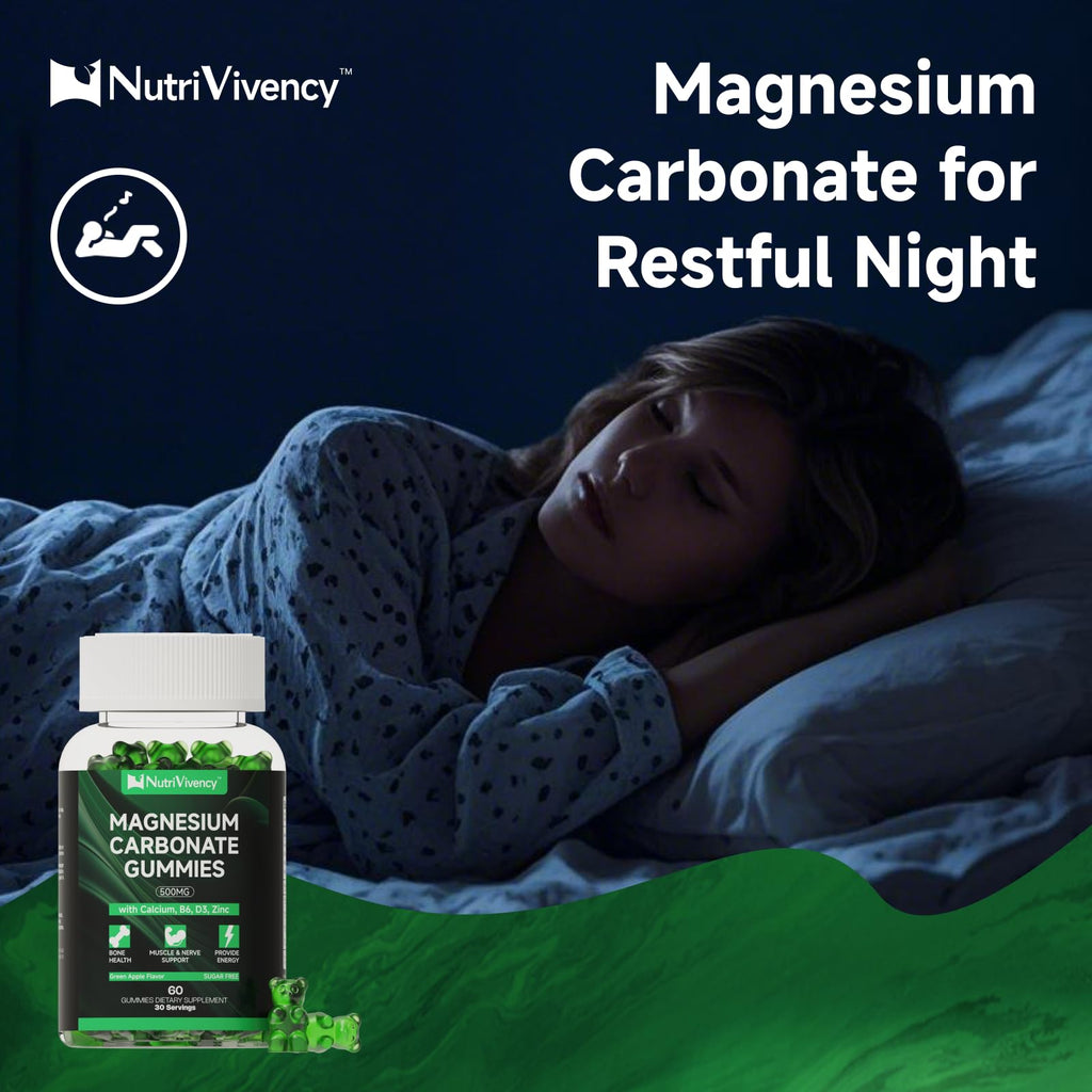 Magnesium Carbonate Gummies 500mg – Vegan, Sugar Free, Green Apple Flavor | Calcium, B6, D3 & Zinc | 30 Servings