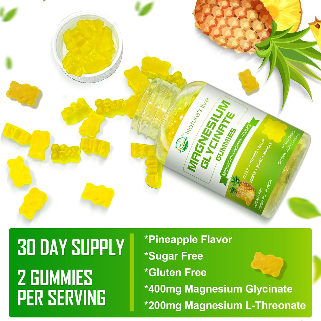Sugar Free Magnesium Glycinate Gummies – 400mg Glycinate + 200mg L-Threonate, 60 Gummies