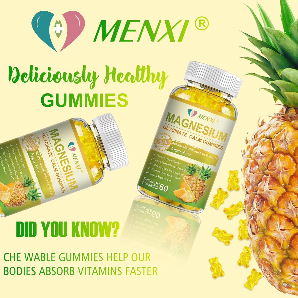 Magnesium Glycinate Gummies 400mg + Taurate, Sugar Free Pineapple - 60 Gummies with Vitamin D, B6, CoQ10 | Sleep & Relaxation