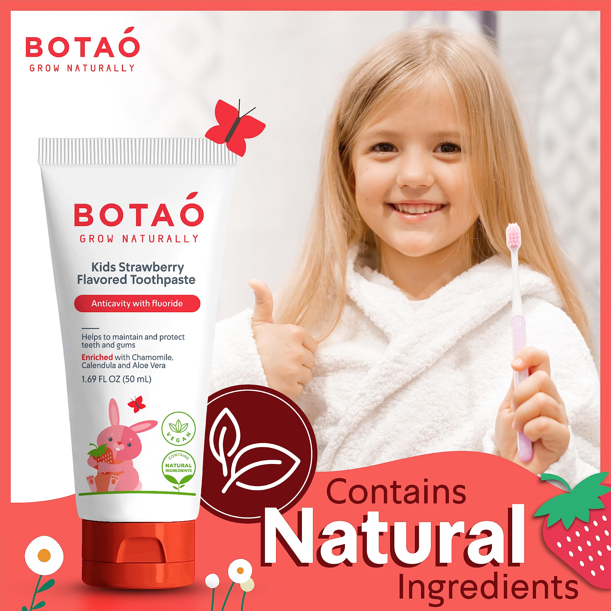 BOTAO Kids Toothpaste | Natural Strawberry Flavored Anticavity Fluoride Toothpaste Maximum Cavity Protection| EWG Verified, Vegan, SLS Free, Safe to Swallow, Aloe Vera (3Pack)