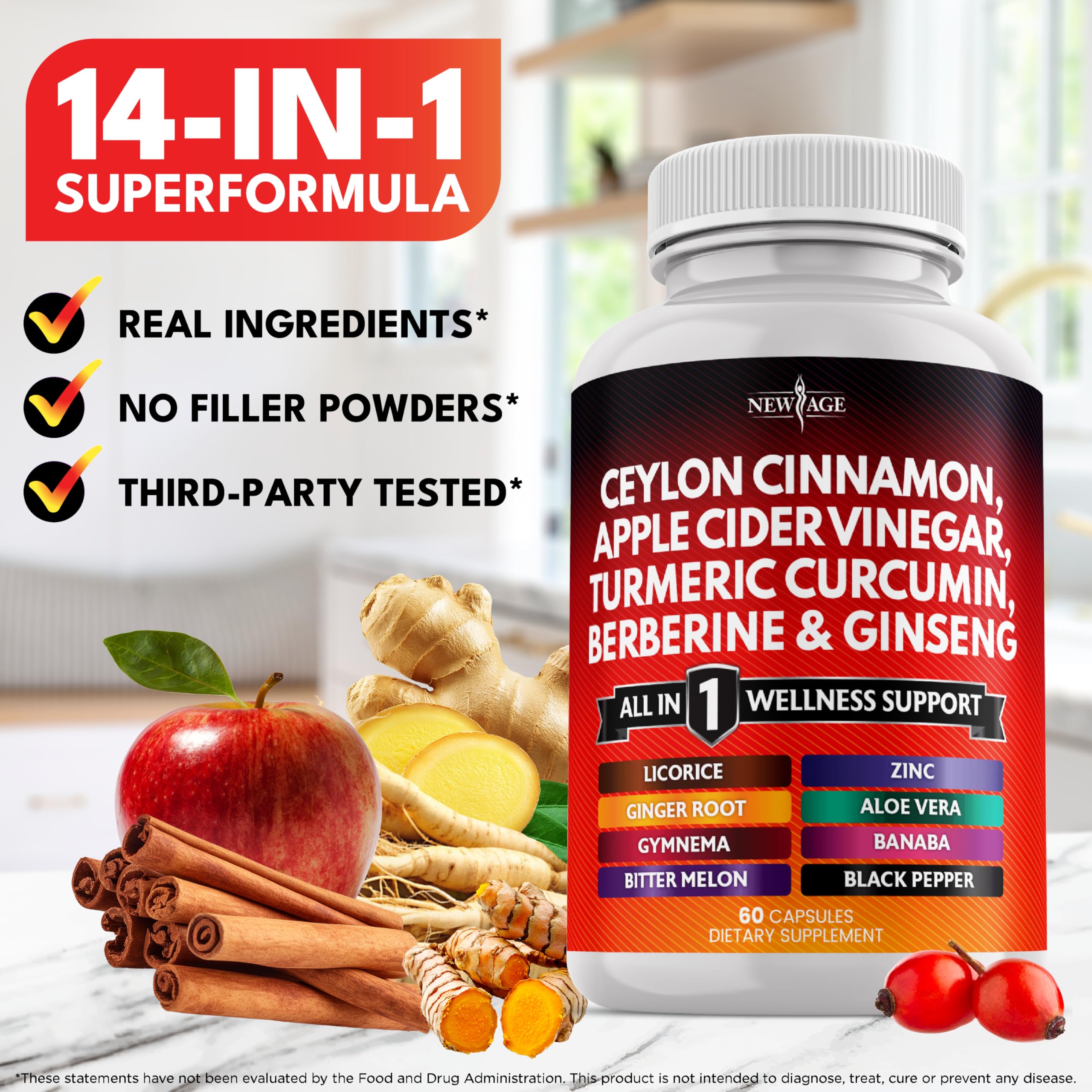 Ceylon Cinnamon Turmeric Apple Cider Vinegar Ginseng Aloe Vera Berberine Banaba Ginger Root - 120 Count