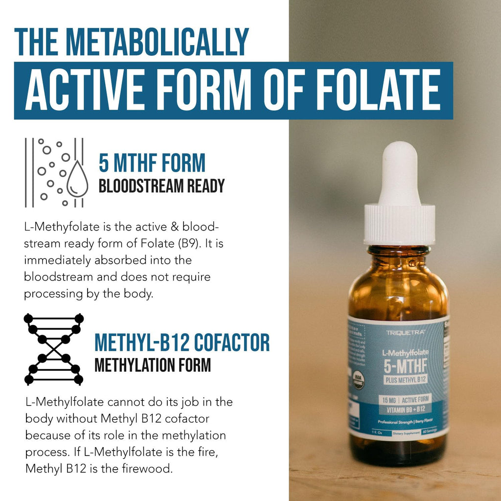 L-Methyl Folate 15mg + Methyl B12 Cofactor – Organic Berry Flavor, High Potency Liquid Sublingual 5-MTHF Calcium Salt | Supports Mood, Methylation & Cognition (1oz)