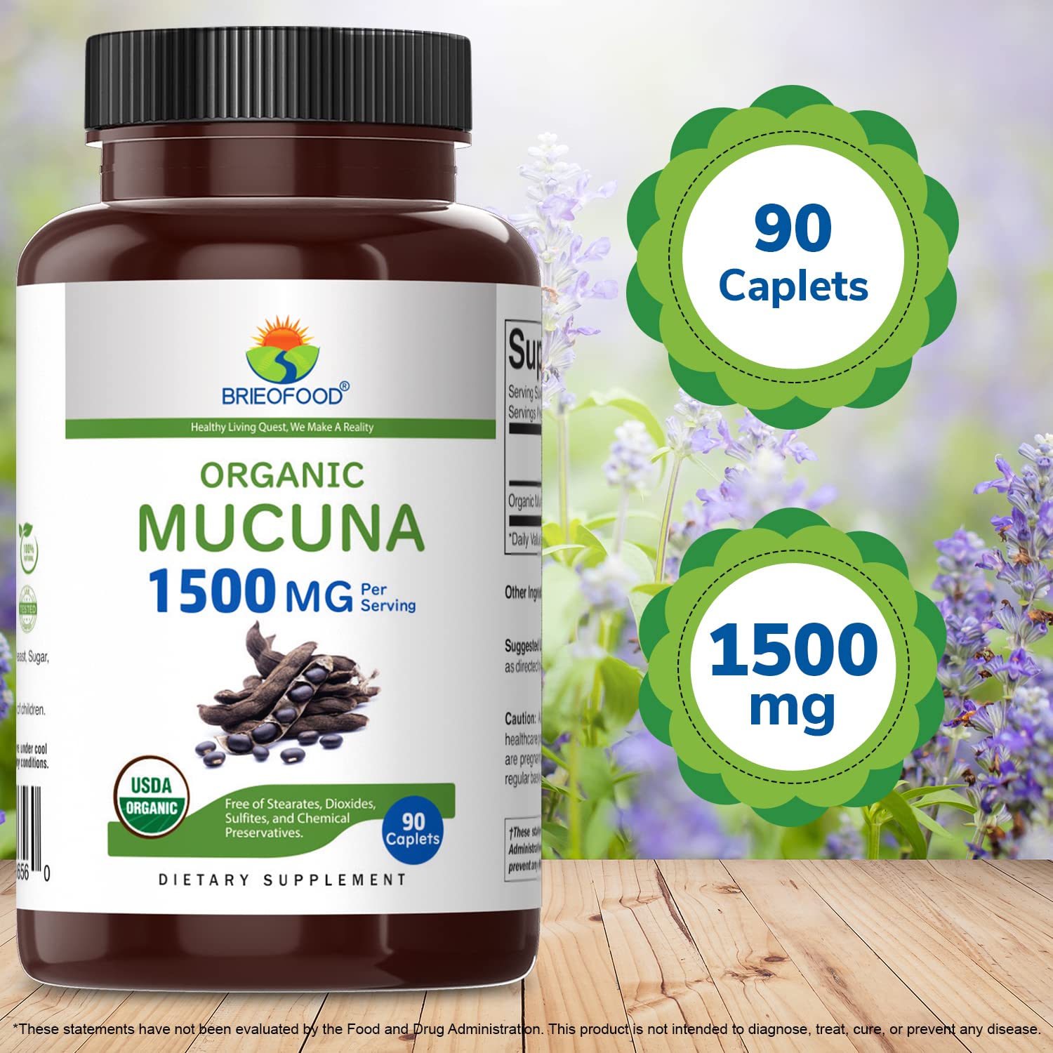 Brieofood Organic Mucuna 1500mg, 45 Servings, Vegetarian, Gluten Free, 90 Vegetarian Tablets