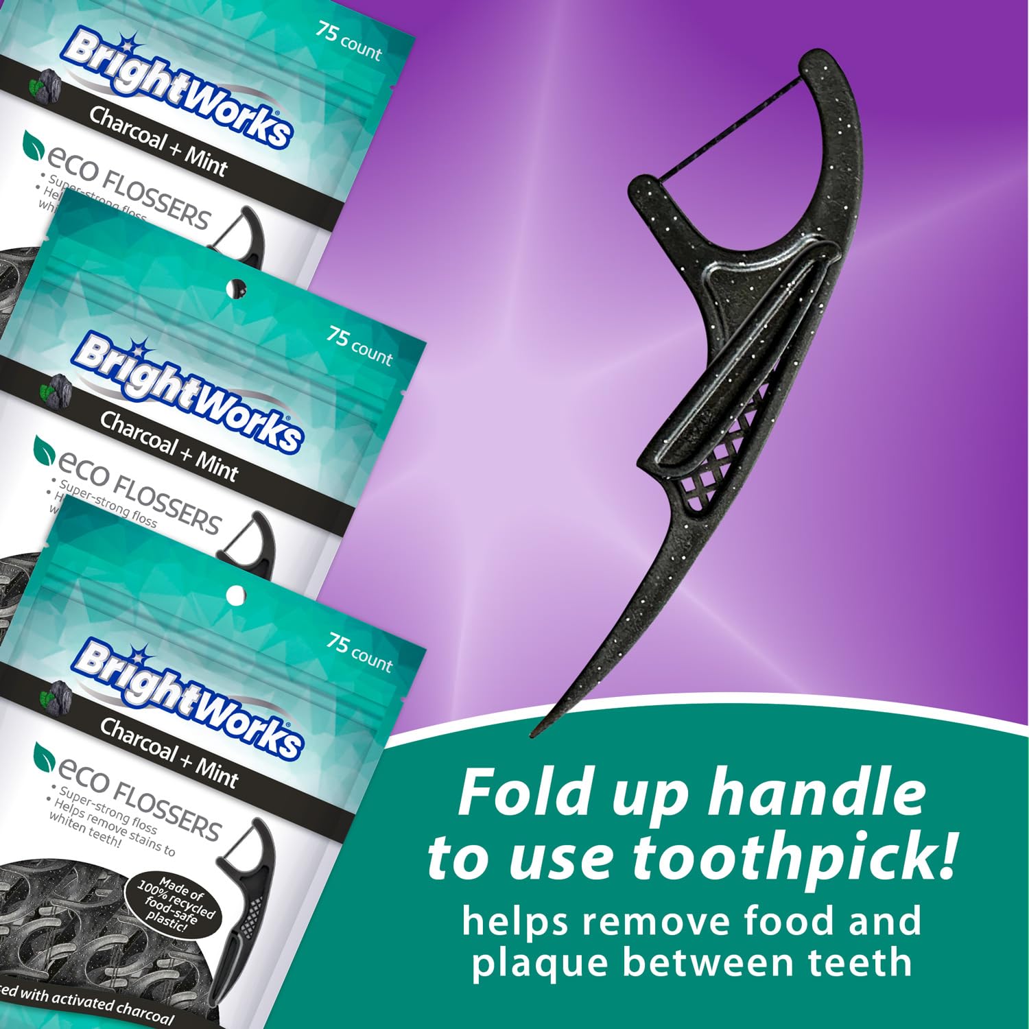Brightworks ECO Sustainable Floss Picks - 225 Count - PFAS Free - Made in USA Charcoal + Mint Infused 100% Post-Consumer Recycled Plastic with Micro-Crystals for Oral Care Hygiene Gum Health