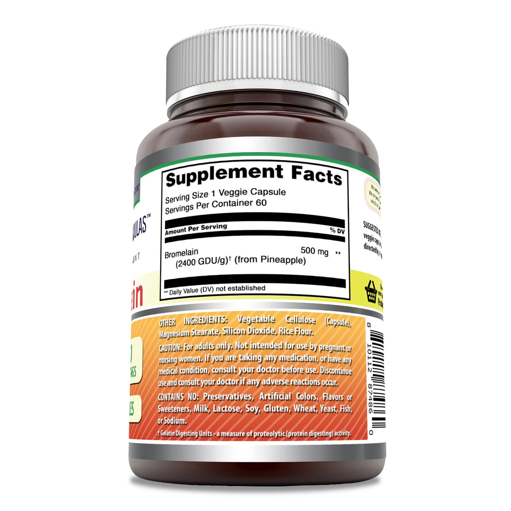 Amazing Formulas Bromelain 500mg 2400 GDU, 60 Veggie Capsules | Non-GMO | Gluten Free | Made in USA | Ideal for Vegetarians