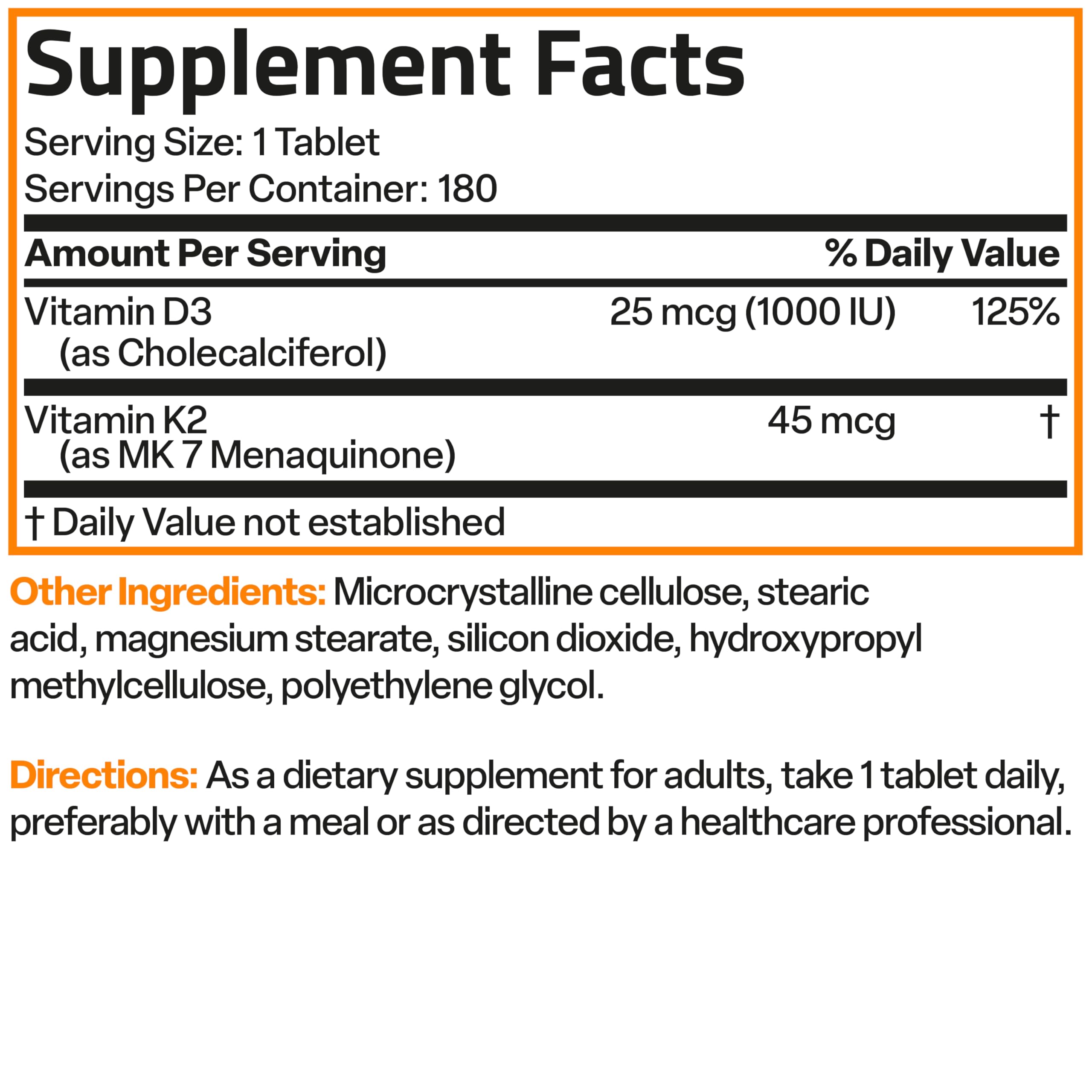 Bronson Vitamin K2 MK-7 with D3 Minis (180 Mini Tablets) - 45 mcg K2, 1000 IU D3