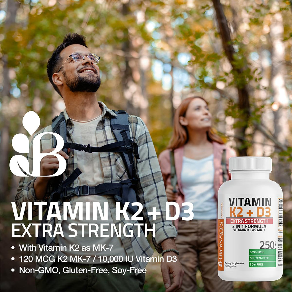 Bronson Vitamin K2 MK-7 with D3 Extra Strength — 60 Caps, Non-GMO