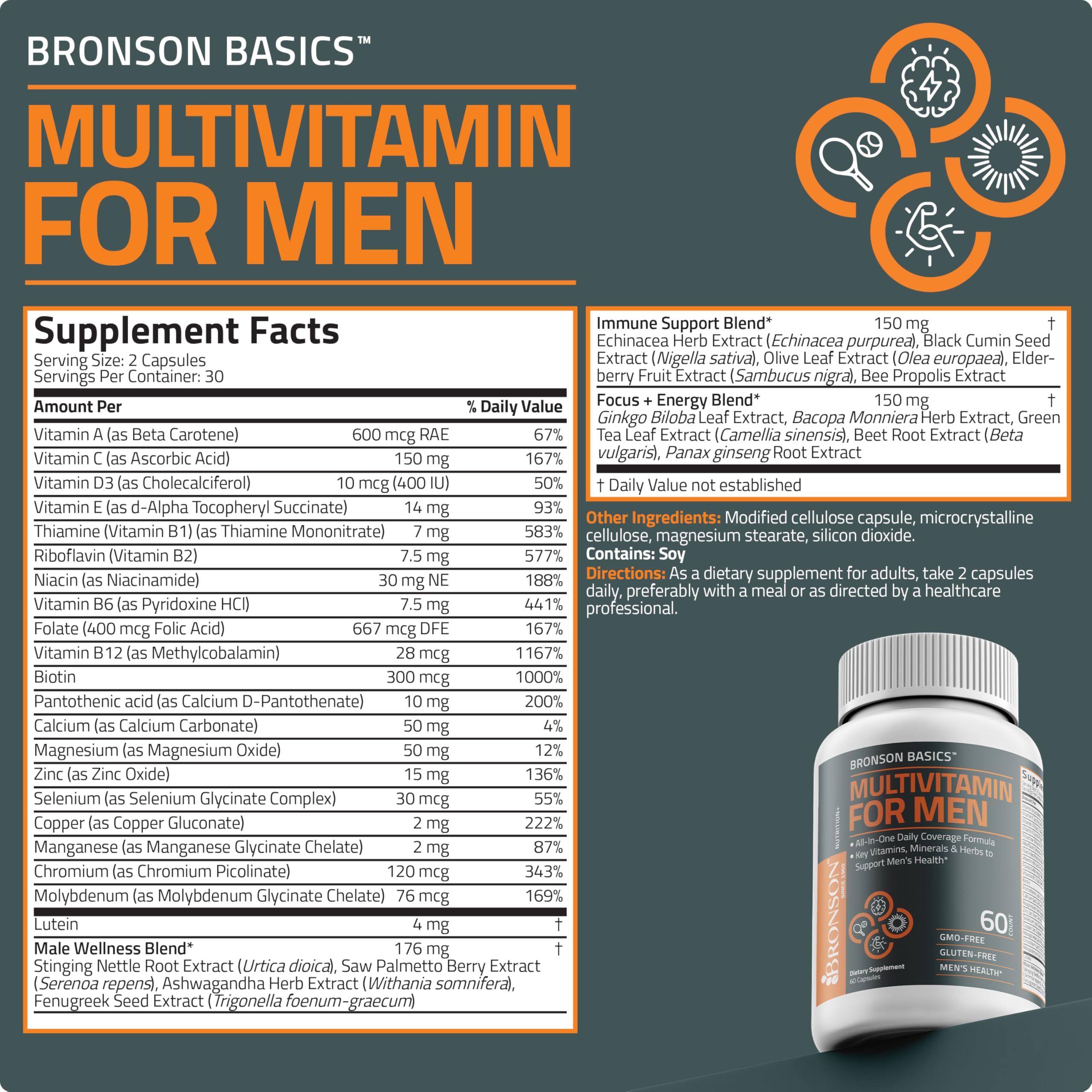 Bronson Multivitamin for Men - All-in-One Daily Coverage (60 Capsules)