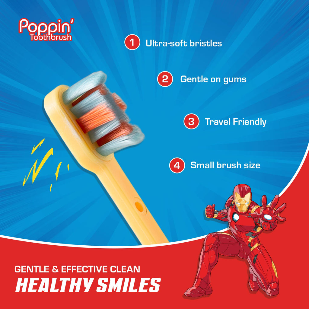 Brush Buddies Marvel Iron Man Kids Toothbrush | Soft Rounded Bristles & Poppin' Cap