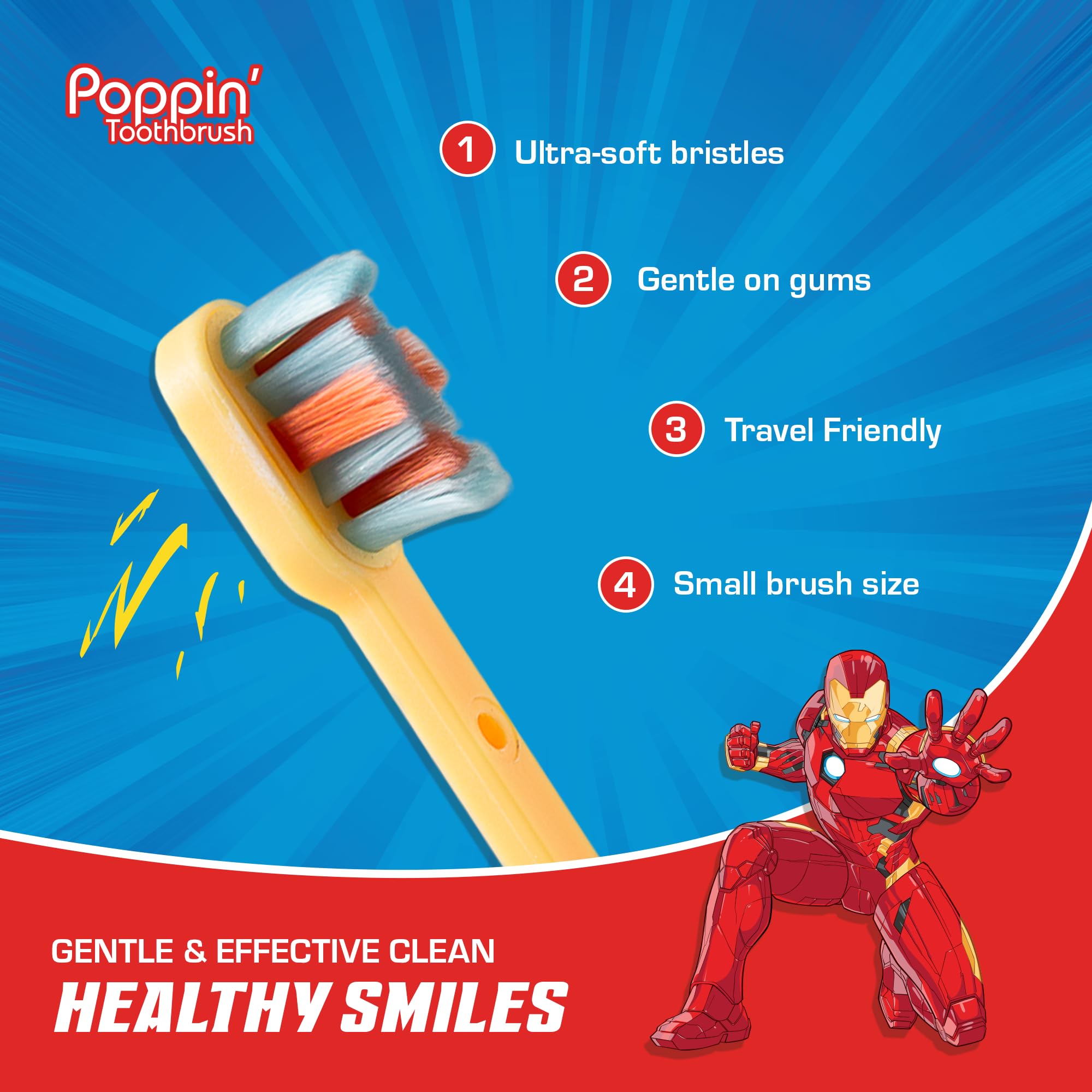 Brush Buddies Marvel Iron Man Kids Toothbrush | Soft Rounded Bristles & Poppin' Cap
