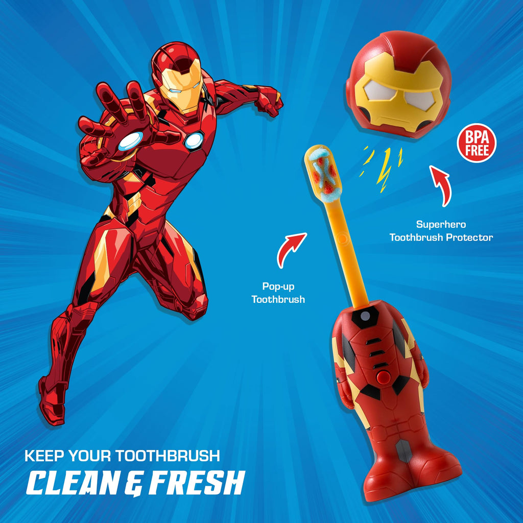 Brush Buddies Marvel Iron Man Kids Toothbrush | Soft Rounded Bristles & Poppin' Cap
