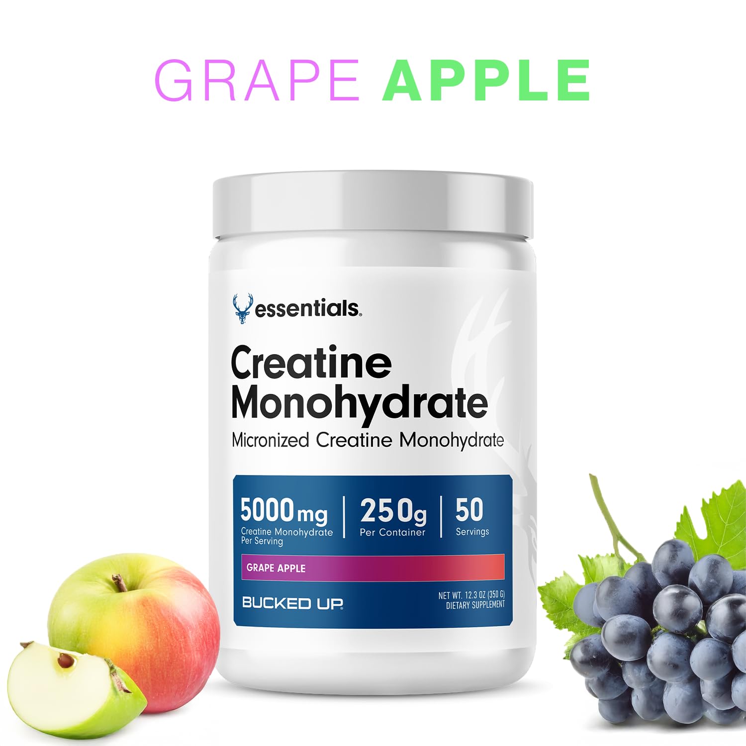 Bucked Up Grape Apple Creatine Monohydrate - 5g/Serving, 50 Servings, 250g - Made in USA