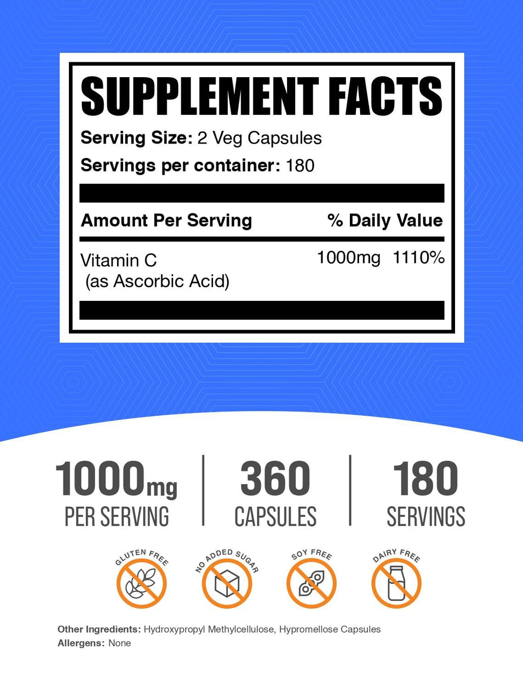 BulkSupplements.com Ascorbic Acid Capsules 1000mg - Vitamin C Supplement (2 Capsules per Serving, 360 Count) – Vegan & Gluten Free