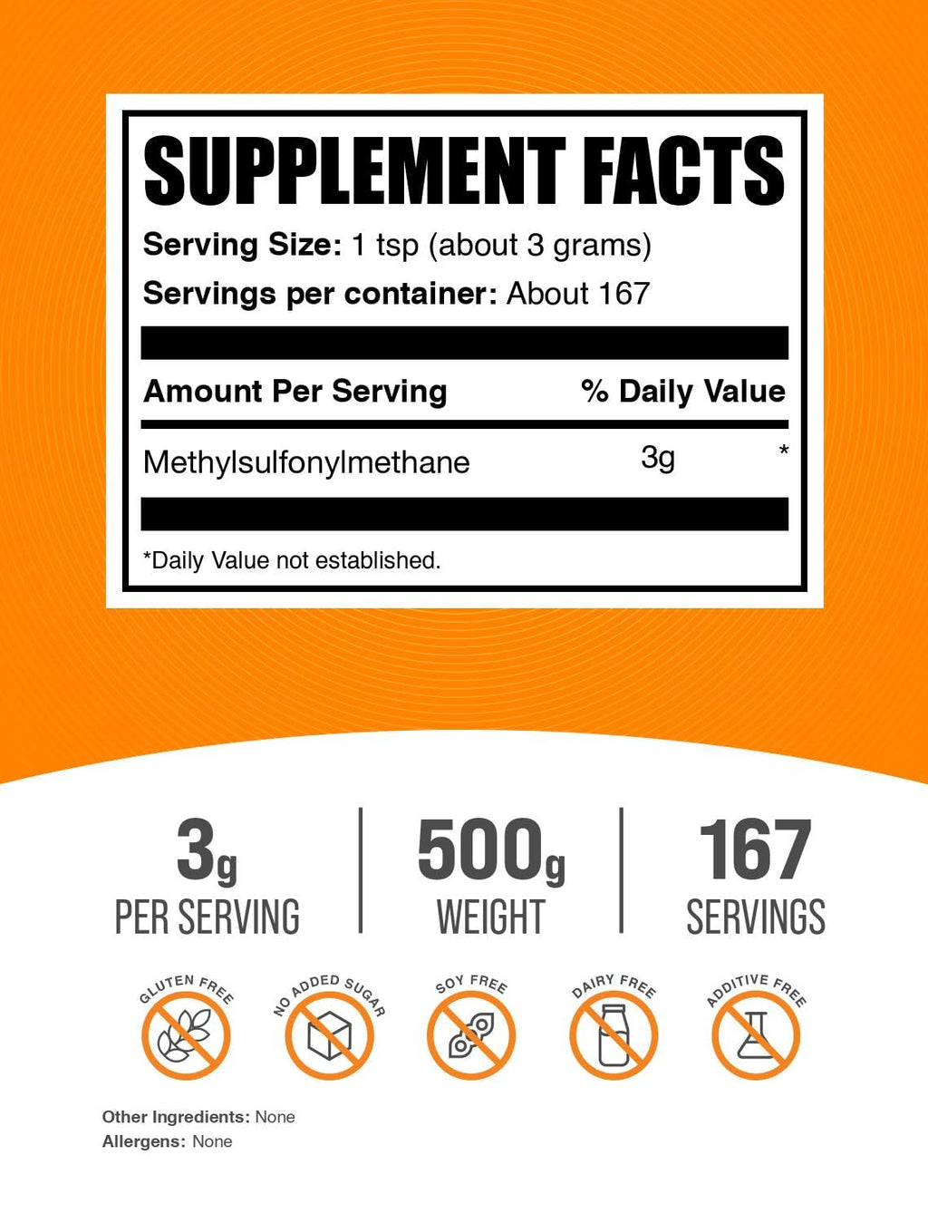 BulkSupplements MSM Powder - 500g, 3g Serving, Gluten Free