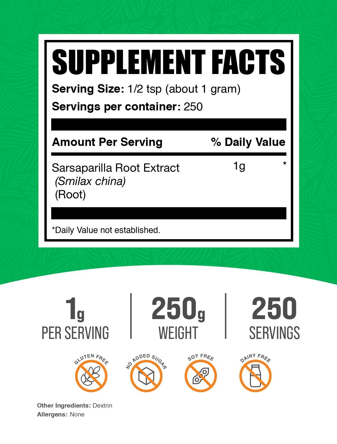 BulkSupplements.com Sarsaparilla Root Extract Powder - 1g Serving, 250g – Herbal & Gluten Free