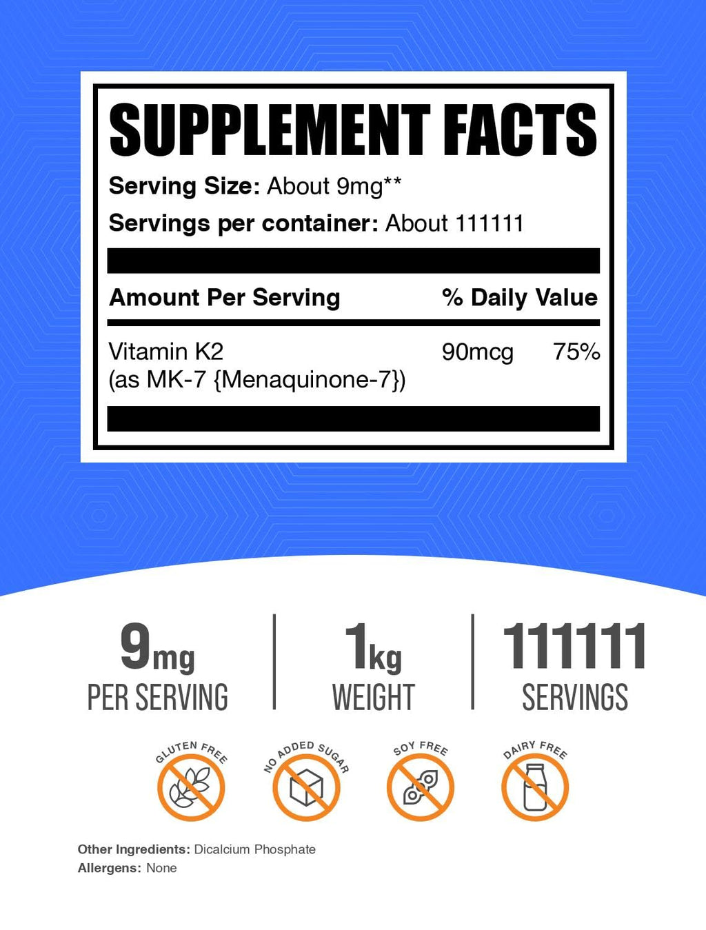 Vitamin K2 MK-7 Powder – 9 mg/Serving, 1kg | Gluten Free