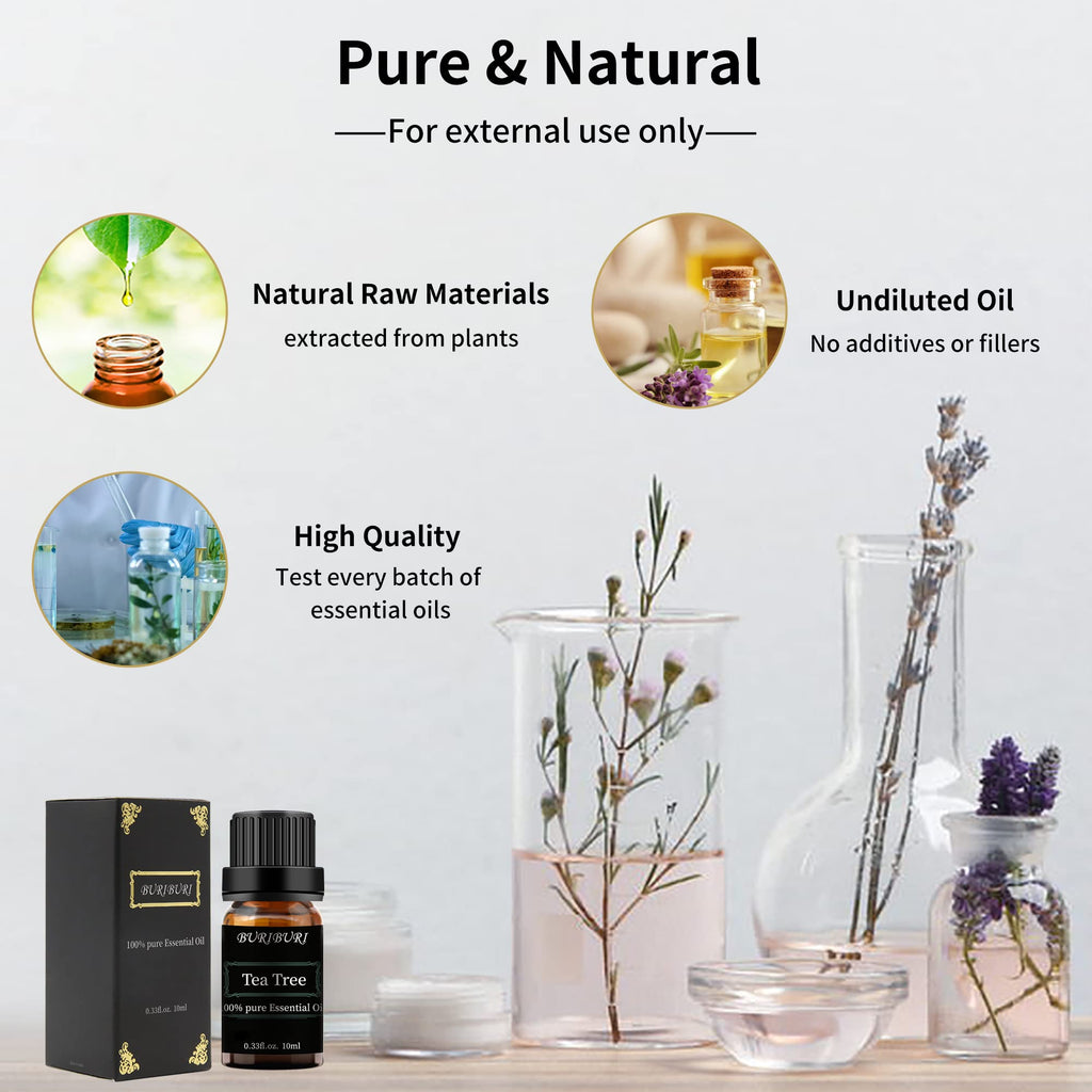 BURIBURI Tea Tree, Eucalyptus & Vanilla Essential Oil Set – 3x10ml, 100% Pure