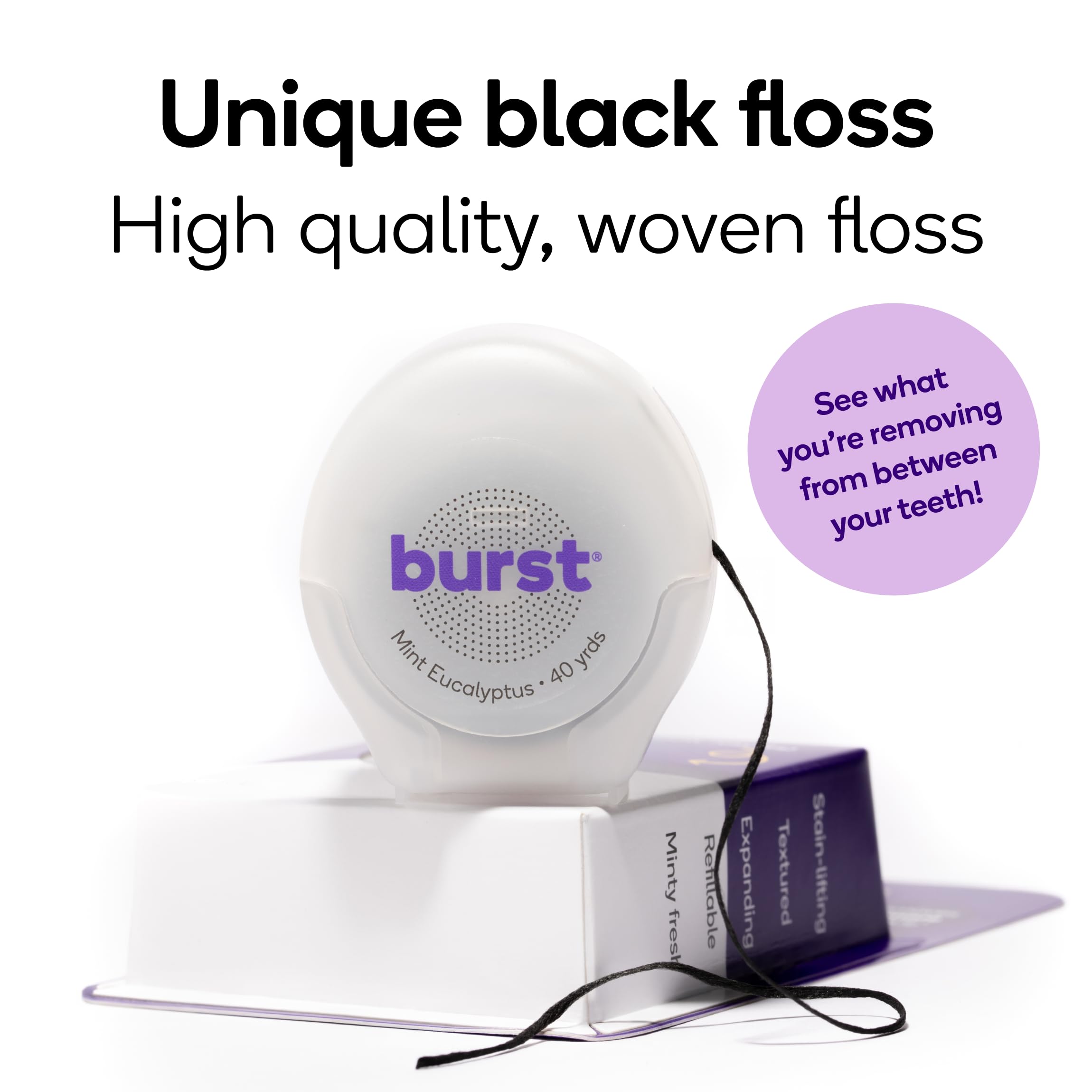 BURST Expanding Dental Floss - Mint Eucalyptus, 40 Yards | Vegan & Paraben Free | Xylitol Coating