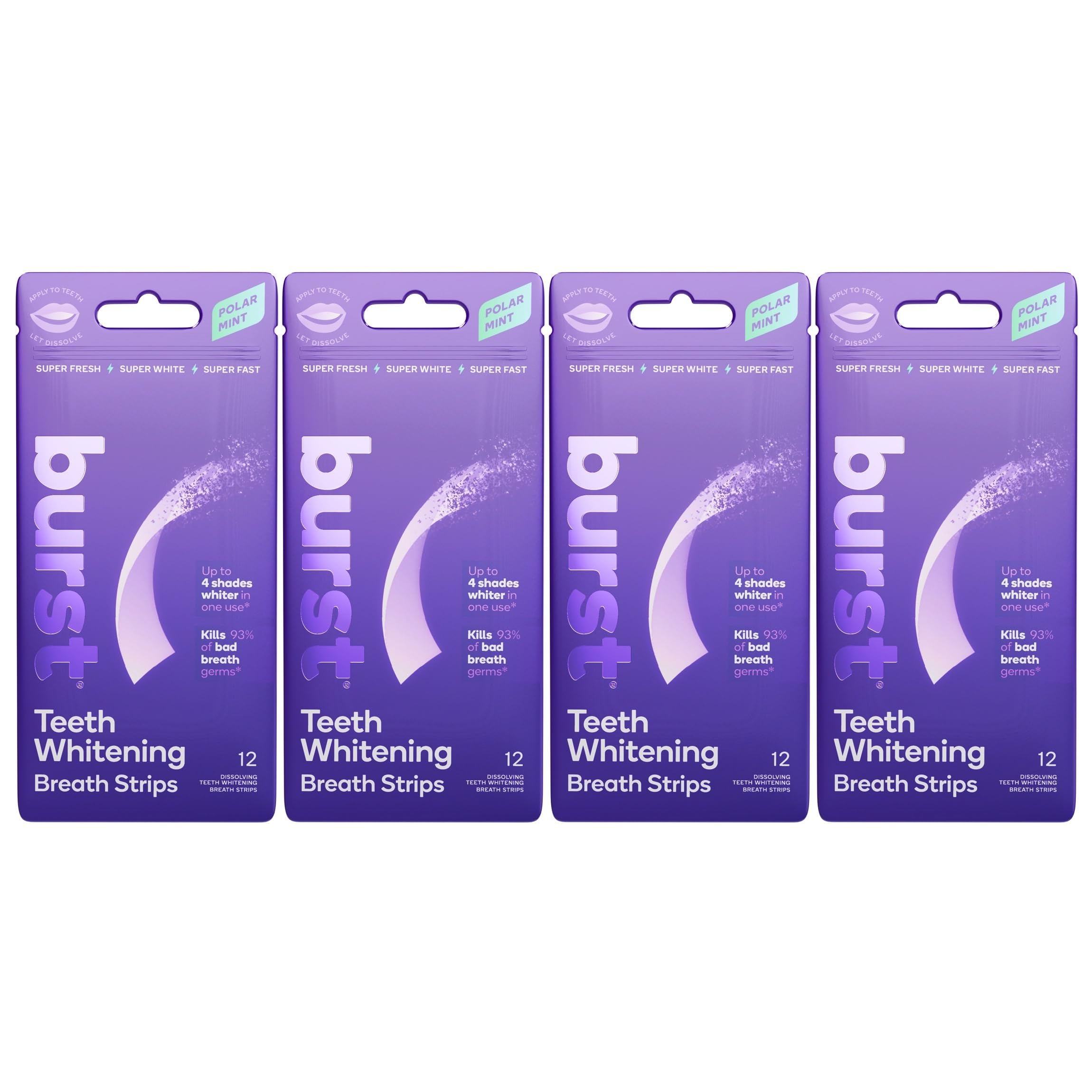 Burst Teeth Whitening Breath Strips (Polar Mint/4 Pack) | Kills 93% of Bad Mouth Germs | Up to 4 Shades Whiter in One Use | Easy to Apply/Quick Dissolving