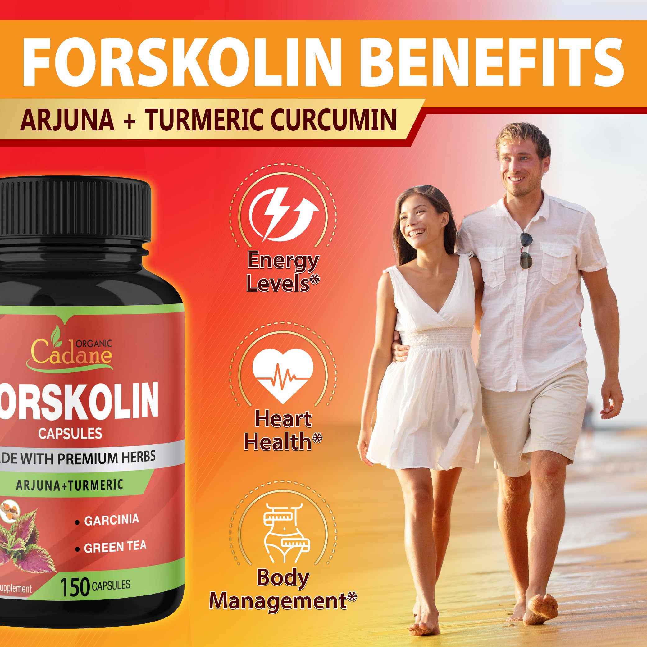 Cadane Forskolin 5-in-1 Capsules – Turmeric, Arjuna, Garcinia, Green Tea | 150 Caps