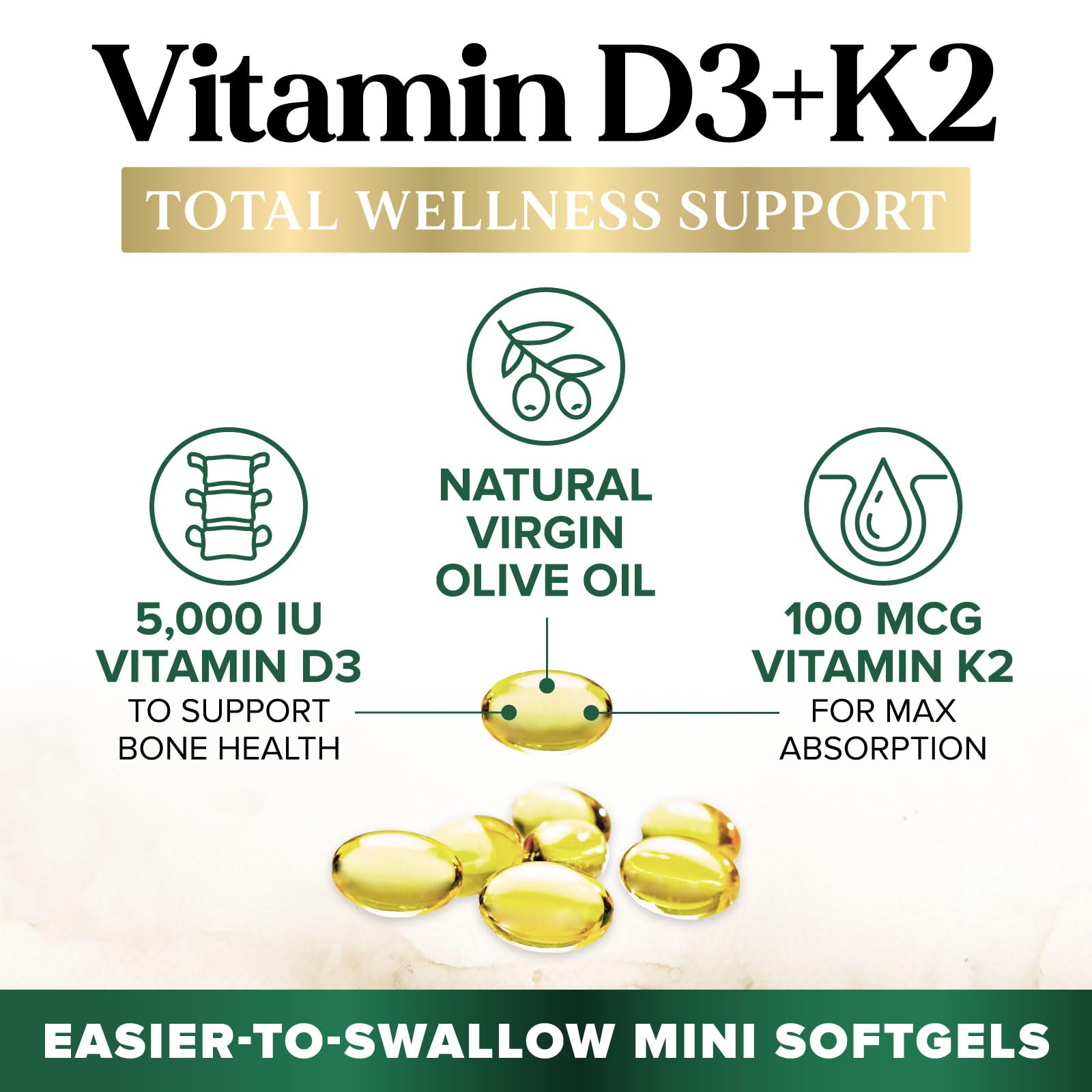 Vitamin D3 K2 5000 IU Plus MK-7 100 mcg – Bone, Immune & Heart Health | 120 Softgels