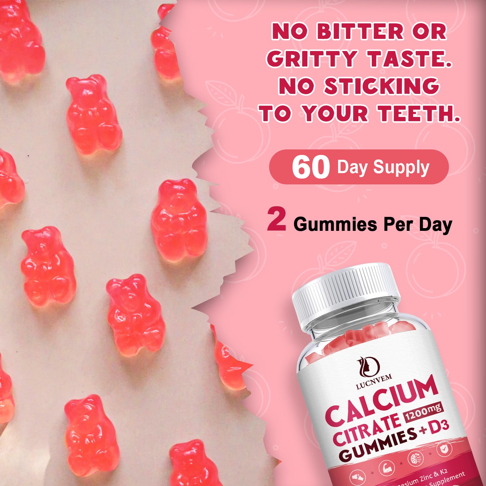 (2 Pack) Calcium Citrate 1200mg Gummies with Vitamin D3 & K2 – Peach Flavor