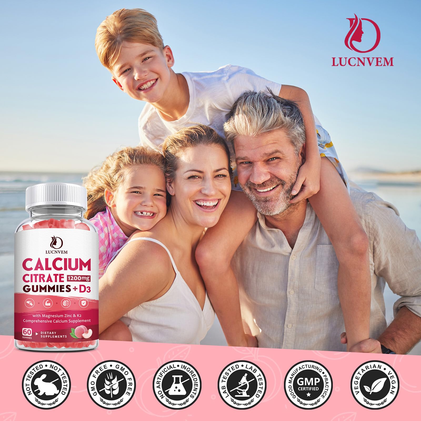 (2 Pack) Calcium Citrate 1200mg Gummies with Vitamin D3 & K2 – Peach Flavor
