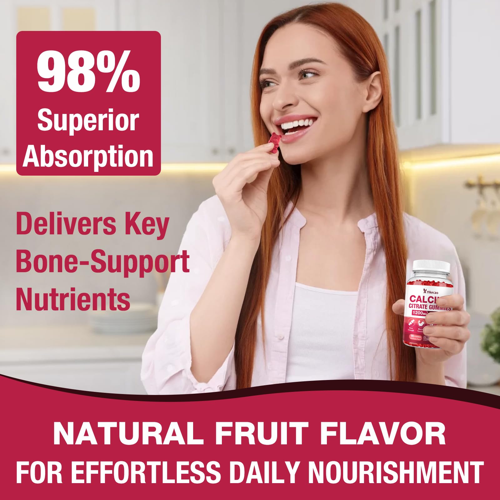 Calcium Citrate Gummies 1200mg – Strawberry Flavor, D3 & K2, 60 Count