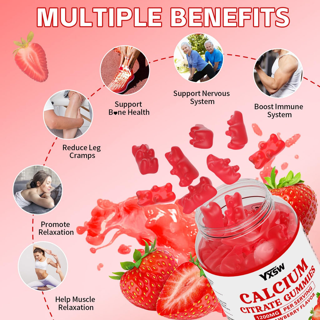 Calcium Citrate Gummies 1200mg - Strawberry Flavor, Sugar Free, Vegan (60 Count)