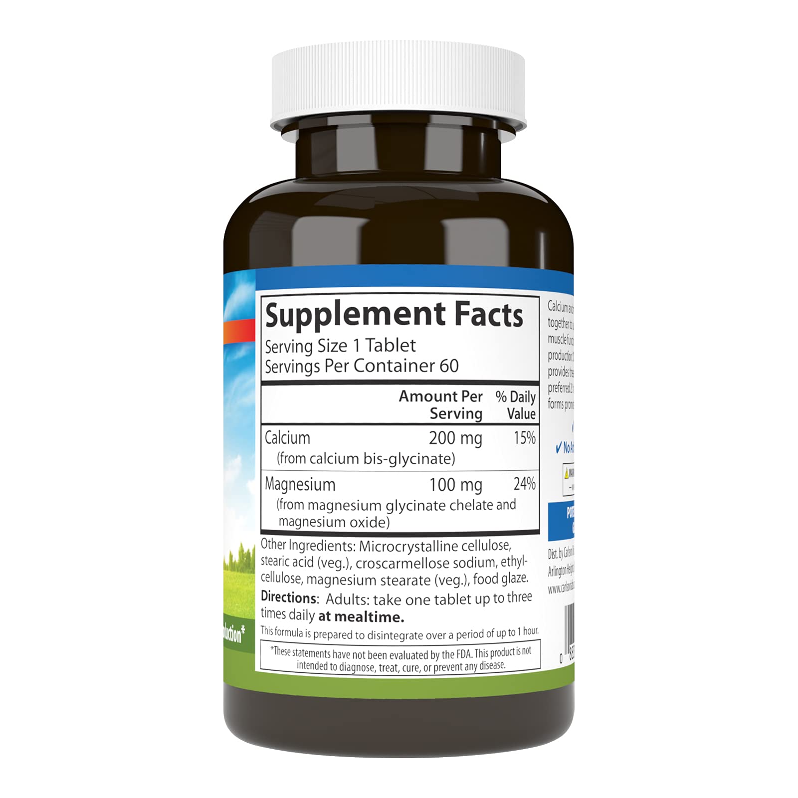 Carlson Chelated Cal-Mag 2:1 Calcium:Magnesium – Bone Support, Muscle Function & Energy Production, 60 Tablets