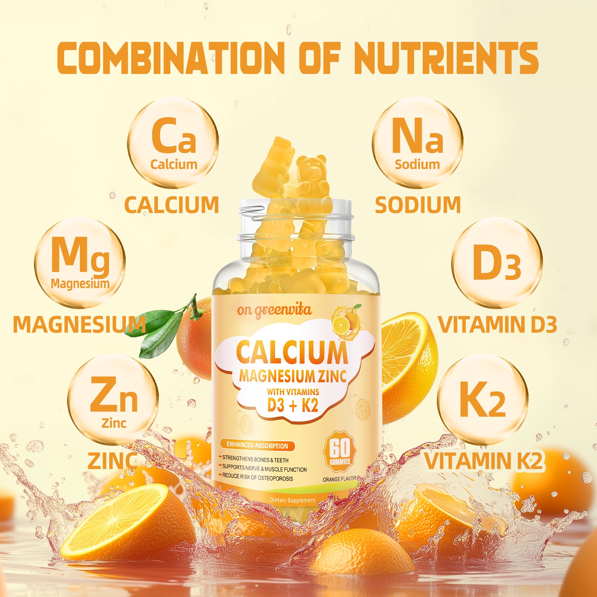 Calcium Magnesium Zinc Gummies with Vitamin D3 & K2 - High Potency, 60 Orange Gummies