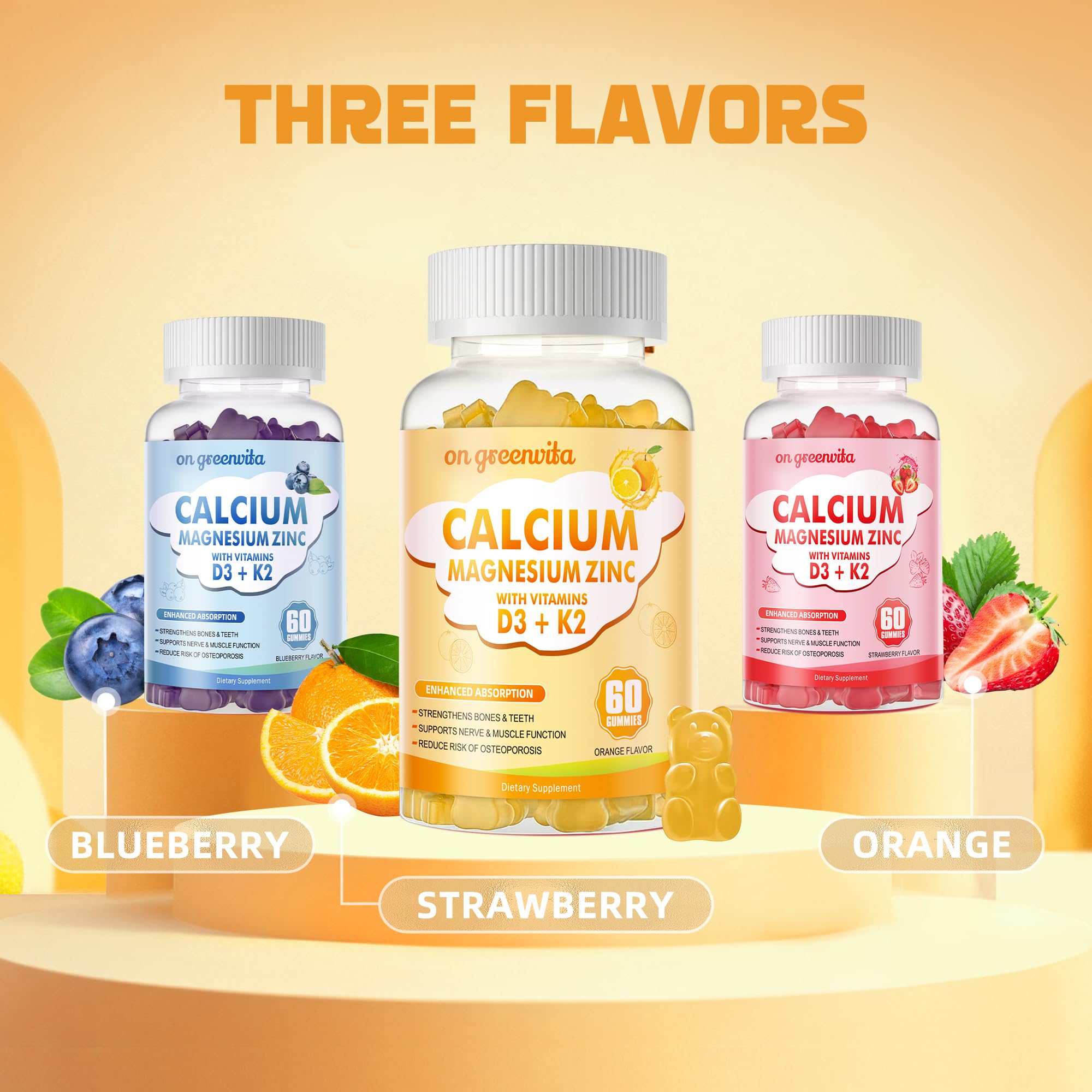 Calcium Magnesium Zinc Gummies with Vitamin D3 & K2 - High Potency, 60 Orange Gummies