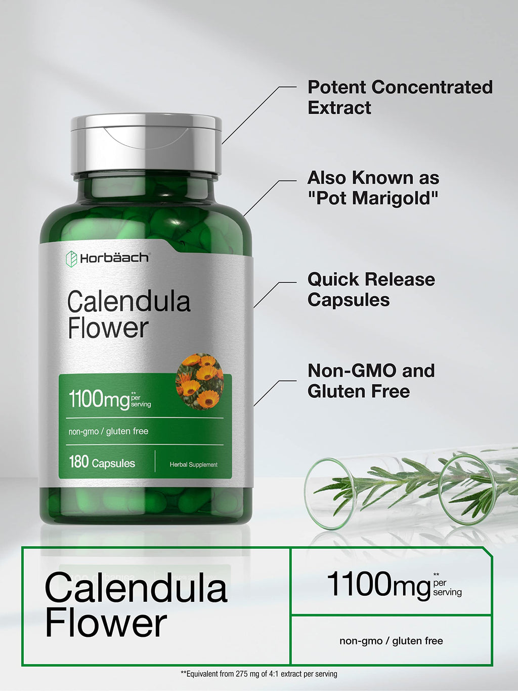 Horbäach Calendula Capsules 1100mg | 180 Count | Non-GMO, Gluten-Free