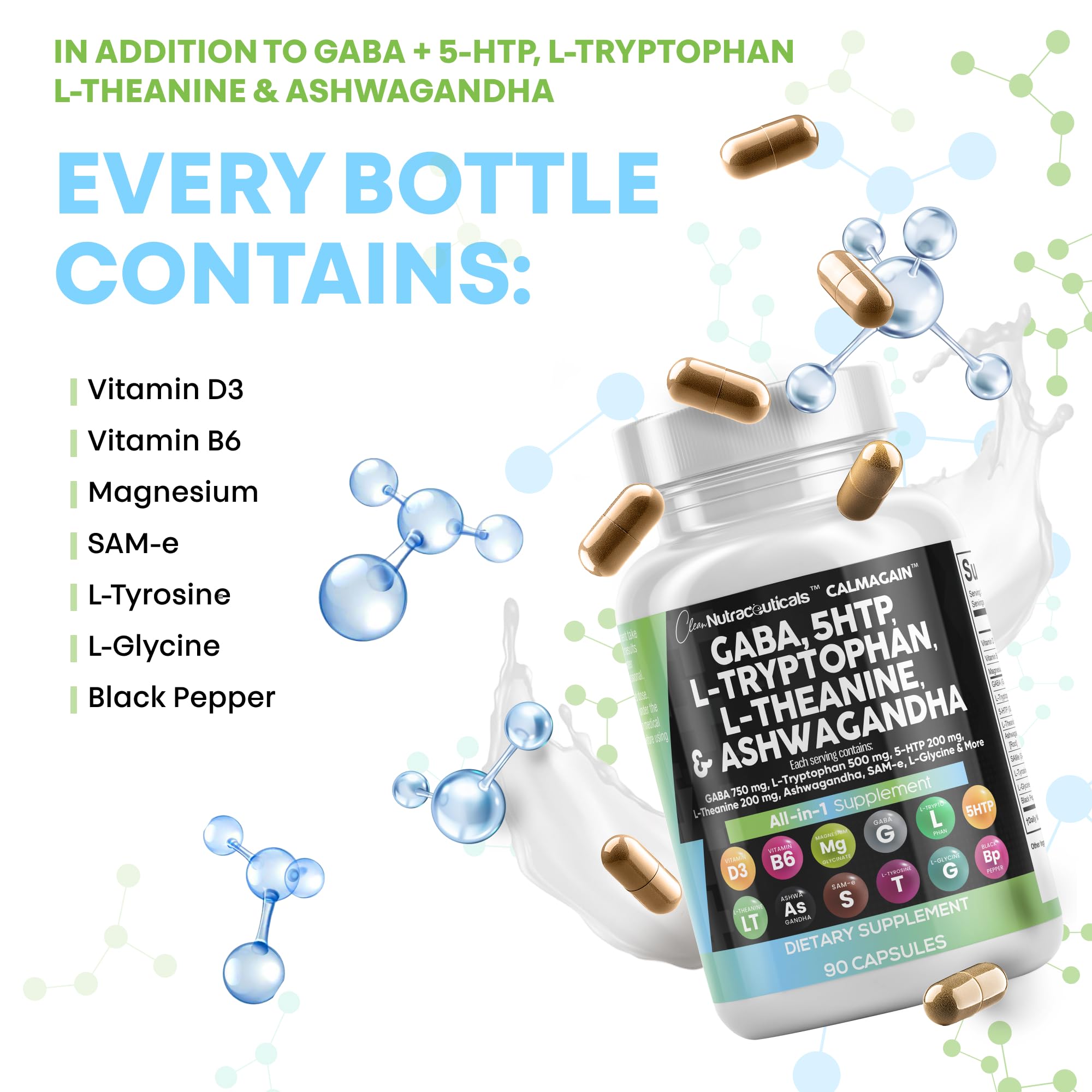 Clean Nutraceuticals CalmAgain – GABA 750mg, 5-HTP 200mg, L-Theanine 200mg Mood Support