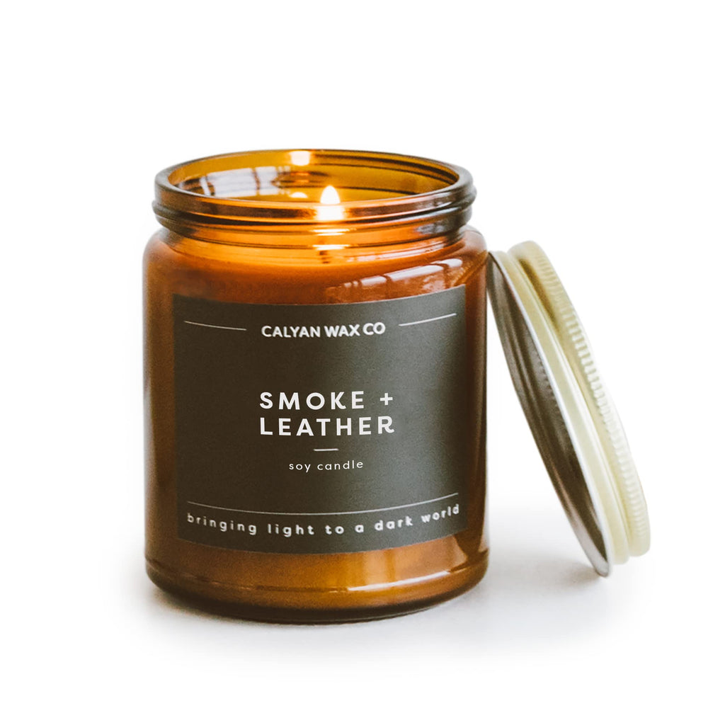 Calyan Wax Co. Smoke & Leather Candle — 57-Hour Soy, Amber Jar