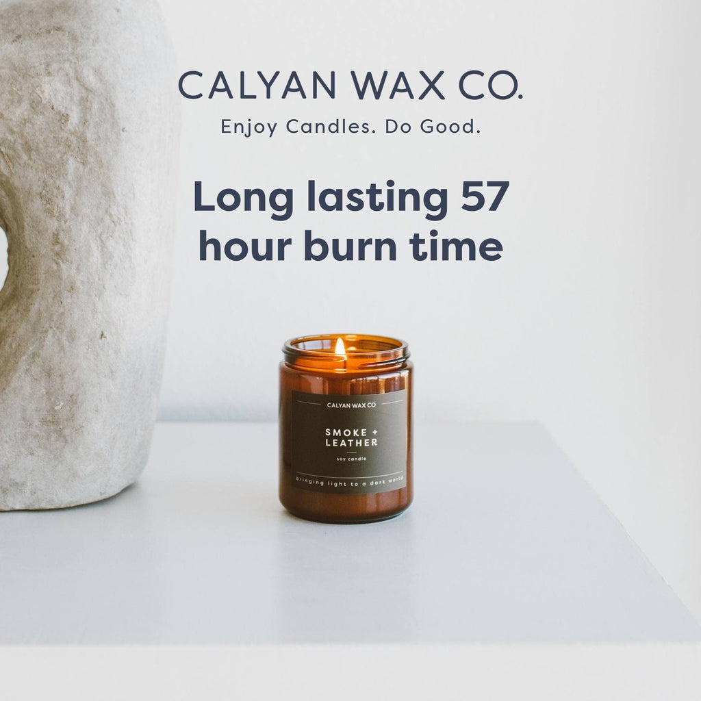 Calyan Wax Co. Smoke & Leather Candle — 57-Hour Soy, Amber Jar