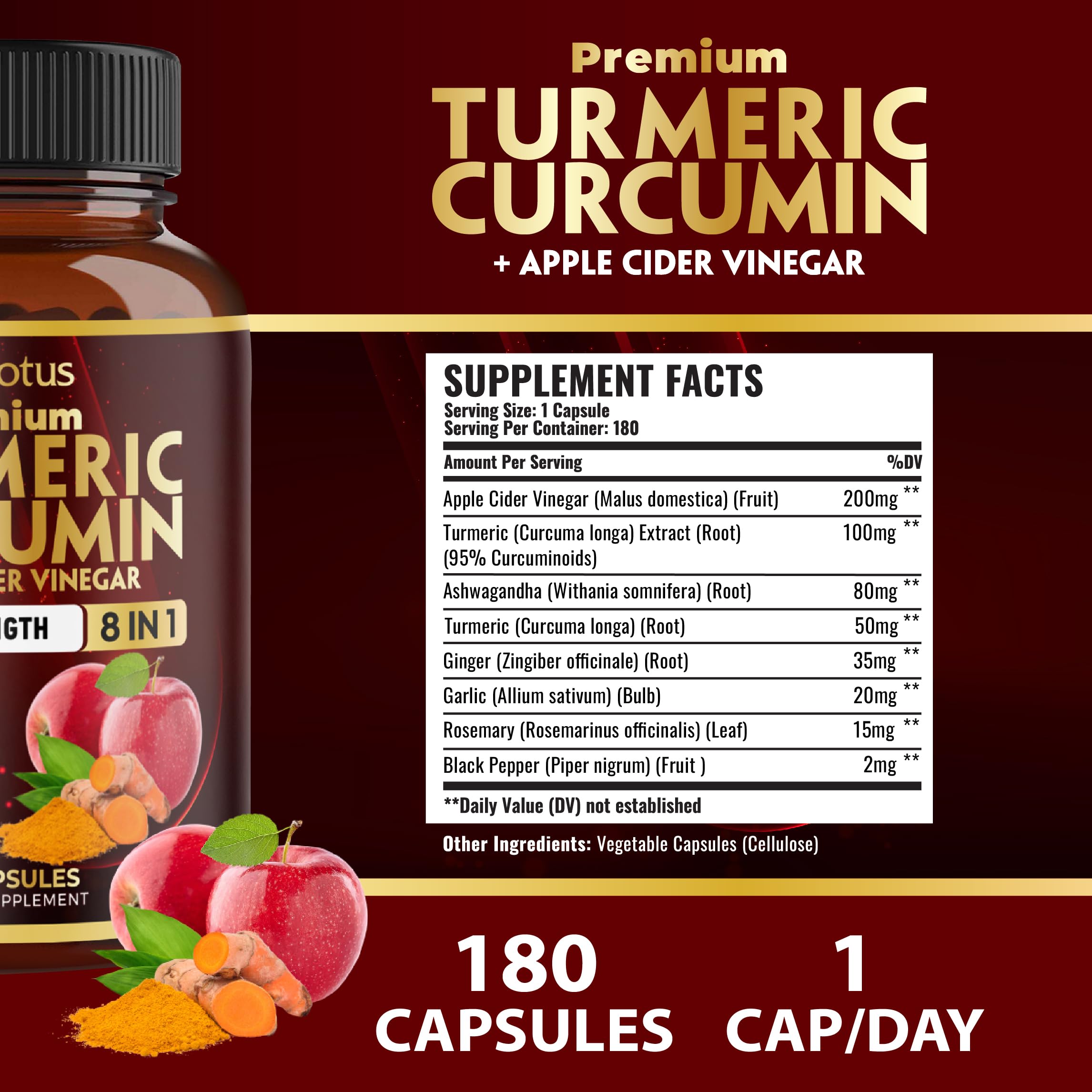7 in 1 Turmeric Curcumin + Apple Cider Vinegar Capsules – 180 Count, 6 Month Supply